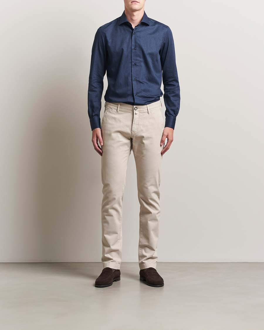 Hombres | Camisas | Mazzarelli | Soft Flannel Cut Away Shirt Navy