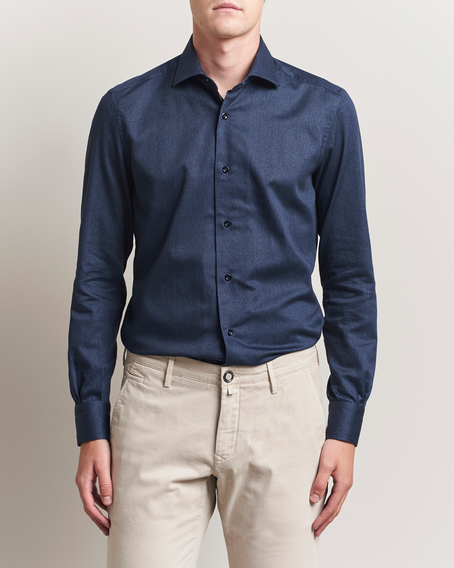 Hombres | Camisas | Mazzarelli | Soft Flannel Cut Away Shirt Navy