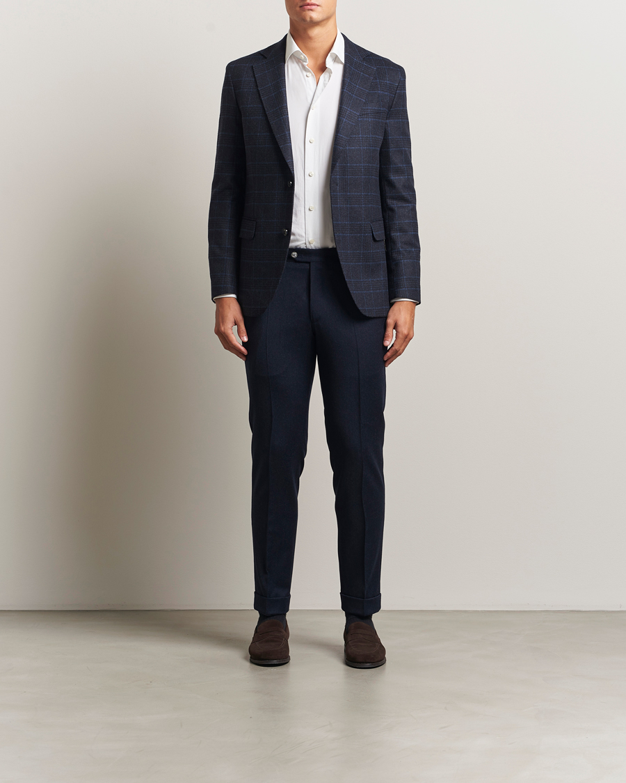 Hombres | Pantalones | Oscar Jacobson | Dandy Turn Up Flannel Trousers Navy