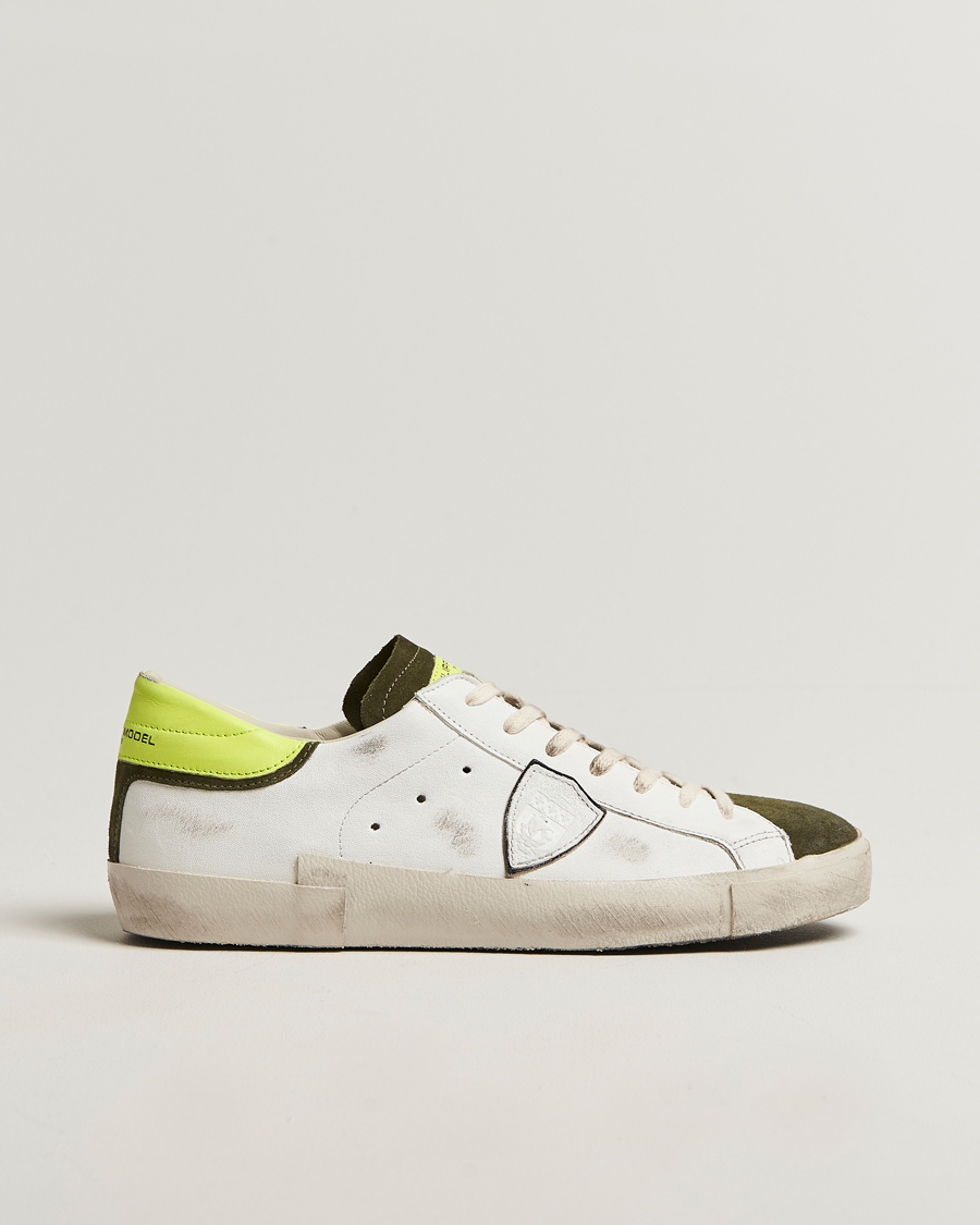 Hombres | Philippe Model Prsx Low Top Vintage Mix Leather Sneakers White/Military | Philippe Model | Prsx Low Top Vintage Mix Leather Sneakers White/Military