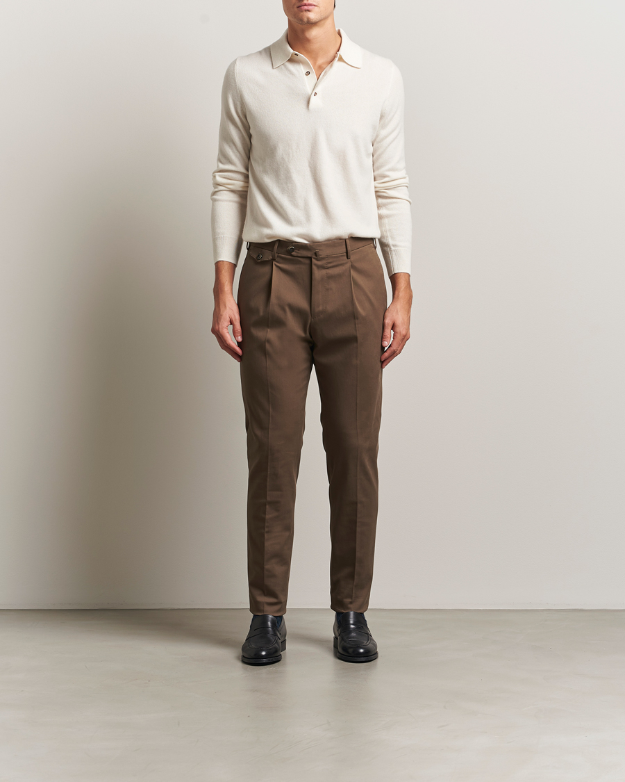 Hombres | Pantalones | PT01 | Slim Fit Pleated Cotton/Cashmere Trousers Dark Brown