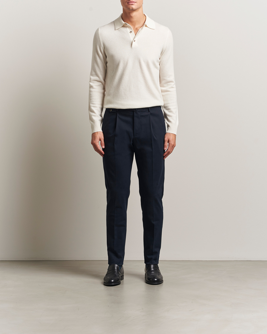 Hombres | Pantalones | PT01 | Slim Fit Pleated Cotton/Cashmere Trousers Navy