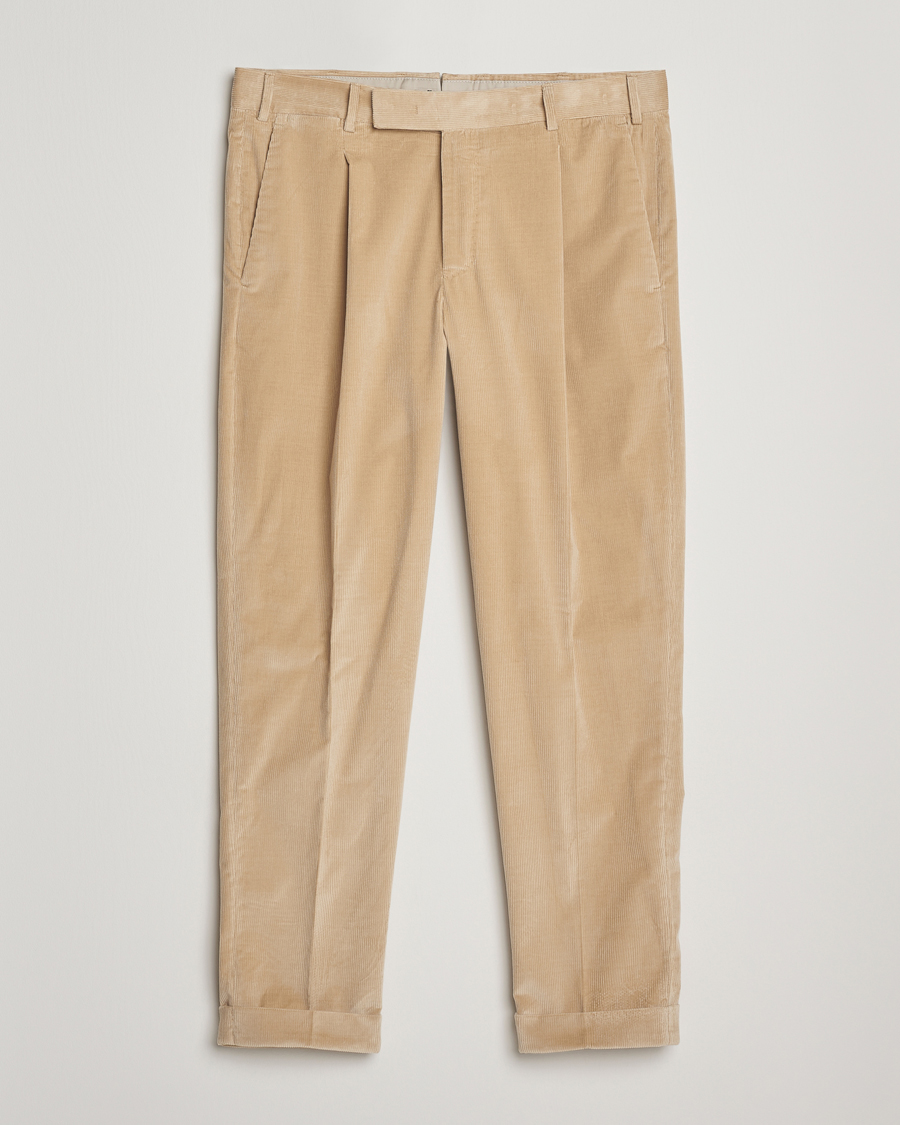 Hombres | Pantalones | PT01 | Slim Fit Pleated Corduroy Trousers Light Beige