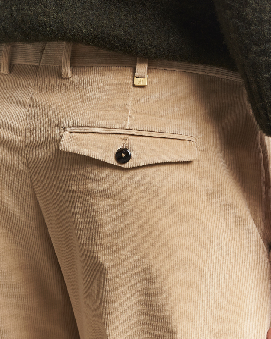 Hombres | Pantalones | PT01 | Slim Fit Pleated Corduroy Trousers Light Beige