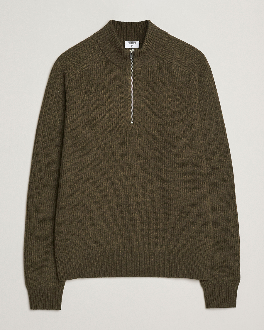 Hombres | Jerséis y prendas de punto | Filippa K | Ribbed Wool Half Zip Moss Green
