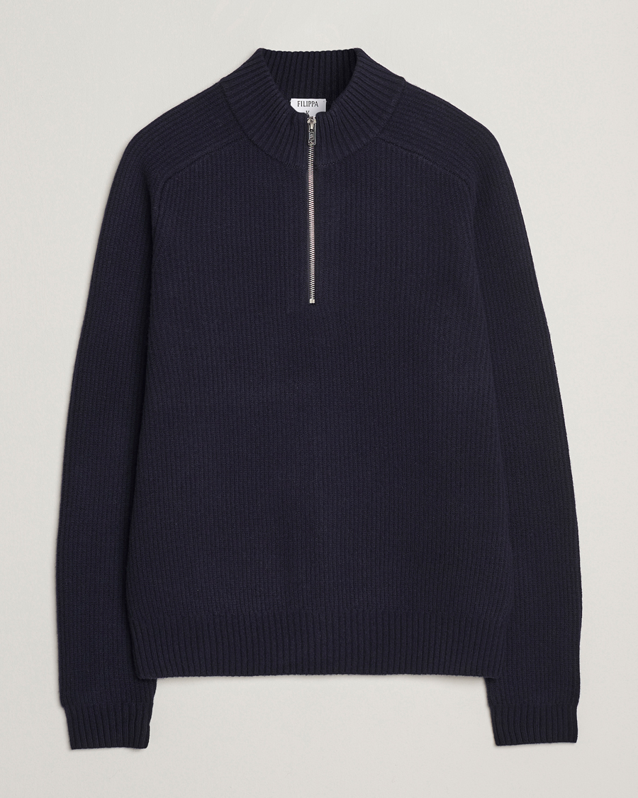 Hombres | Jerséis y prendas de punto | Filippa K | Ribbed Wool Half Zip Navy