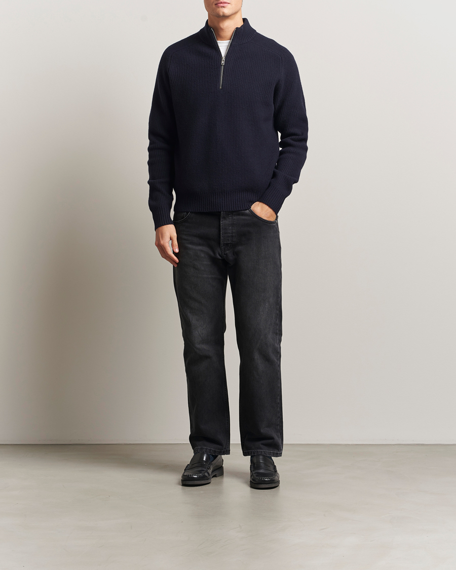 Hombres | Jerséis y prendas de punto | Filippa K | Ribbed Wool Half Zip Navy