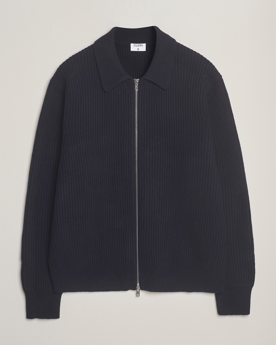 Hombres | Jerséis y prendas de punto | Filippa K | Ribbed Wool Full Zip Cardigan Navy