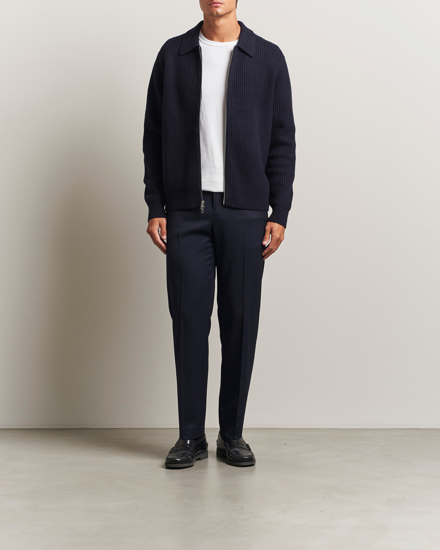 Hombres | Jerséis y prendas de punto | Filippa K | Ribbed Wool Full Zip Cardigan Navy