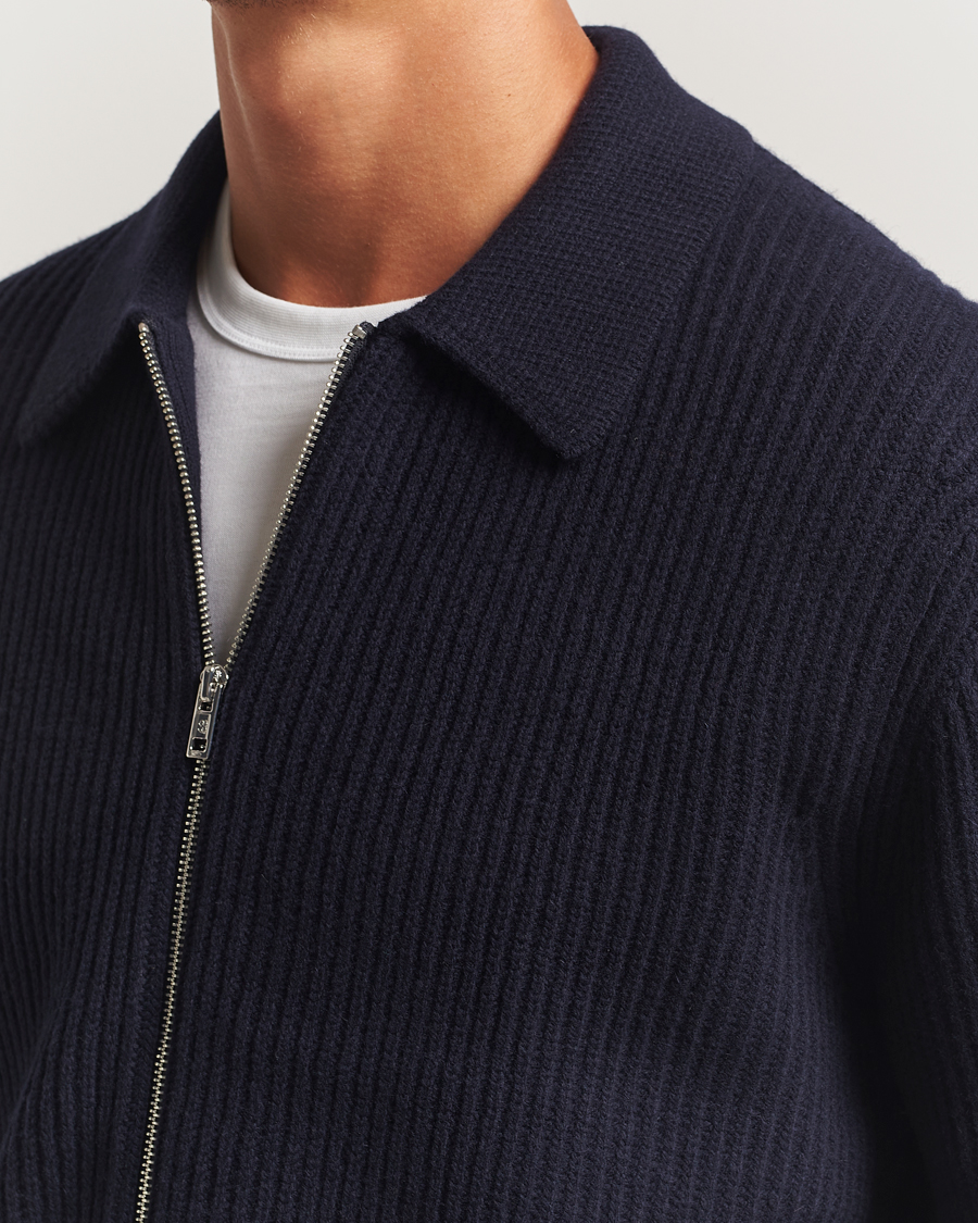 Hombres | Jerséis y prendas de punto | Filippa K | Ribbed Wool Full Zip Cardigan Navy