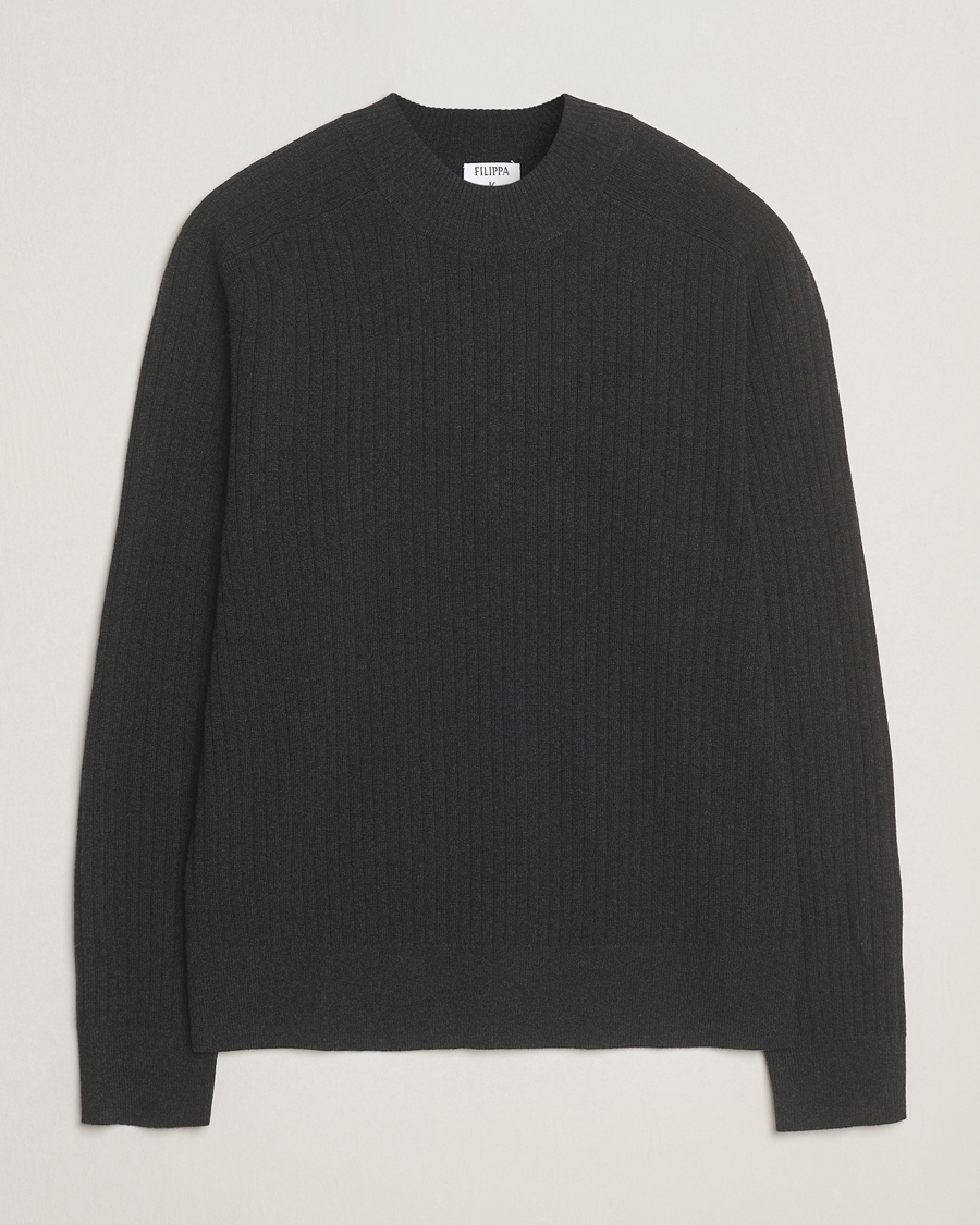 Hombres | Jerséis y prendas de punto | Filippa K | Cotton Merino Knitted Mock Neck Sweater Anthracite Melange
