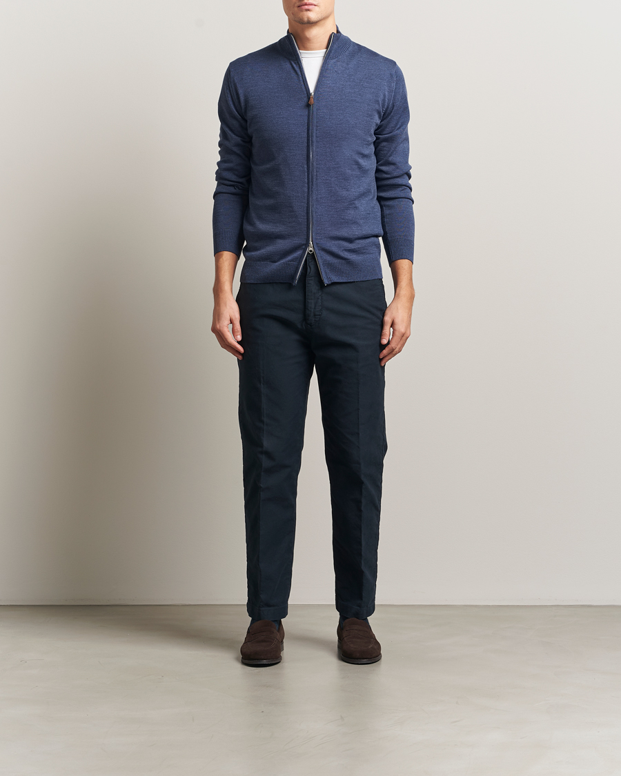 Hombres | Jerséis y prendas de punto | Stenströms | Merino Full Zip Denim Blue