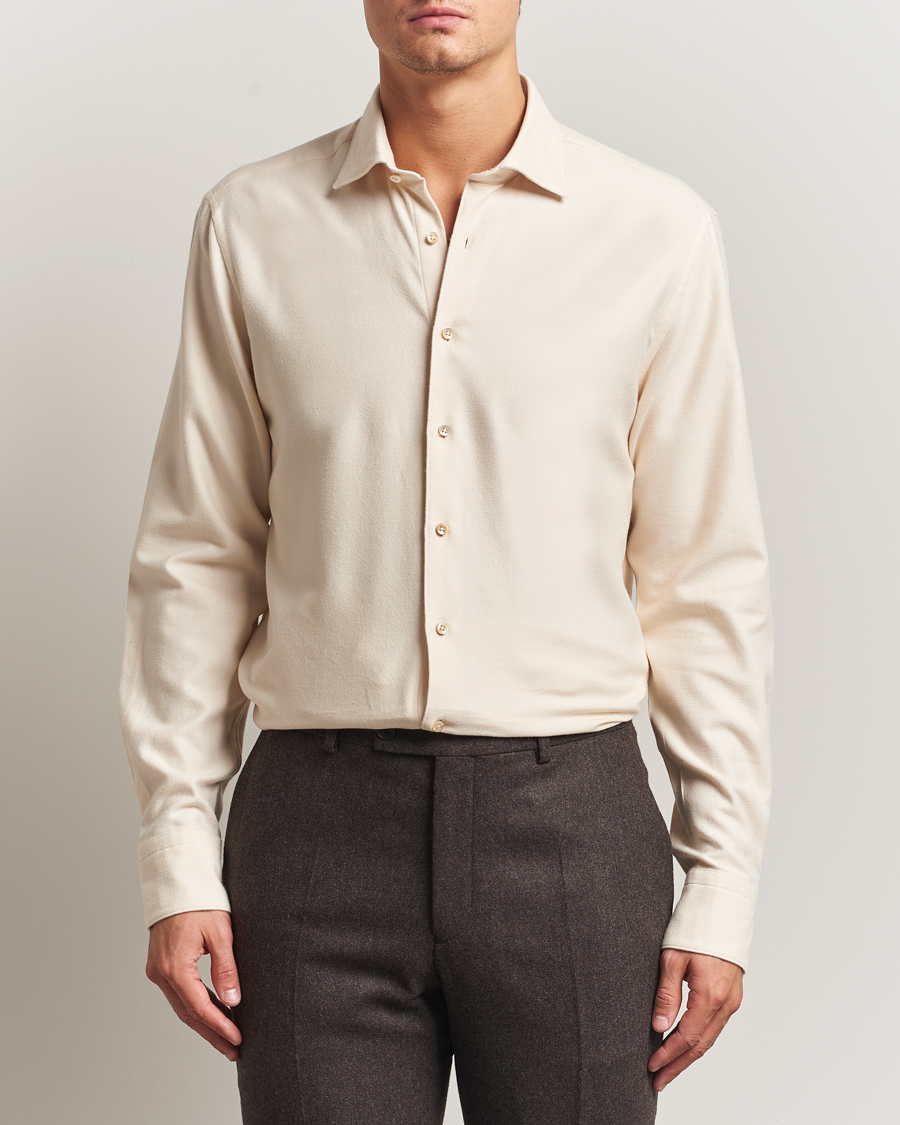 Hombres | Camisas | Stenströms | Regular Fit Cut Away Flannel Shirt Light Beige