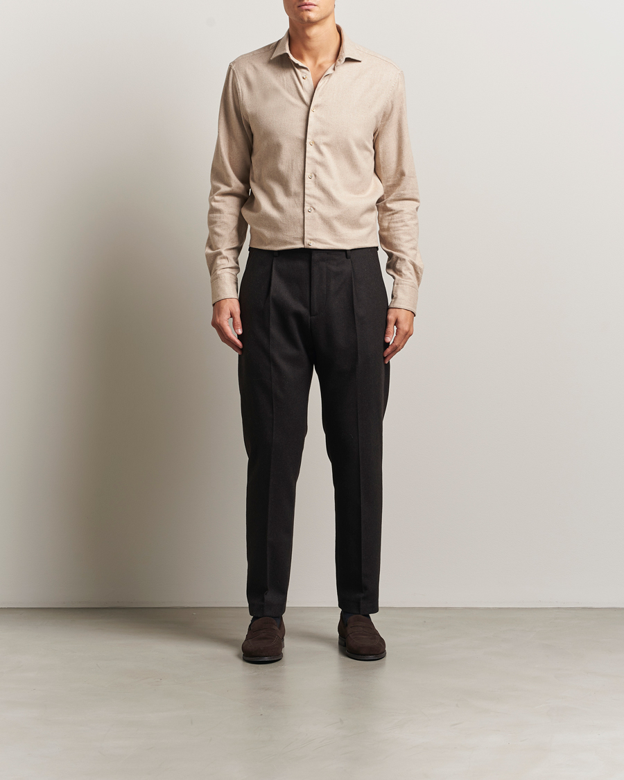 Hombres | Camisas | Stenströms | Regular Fit Cut Away Flannel Shirt Beige