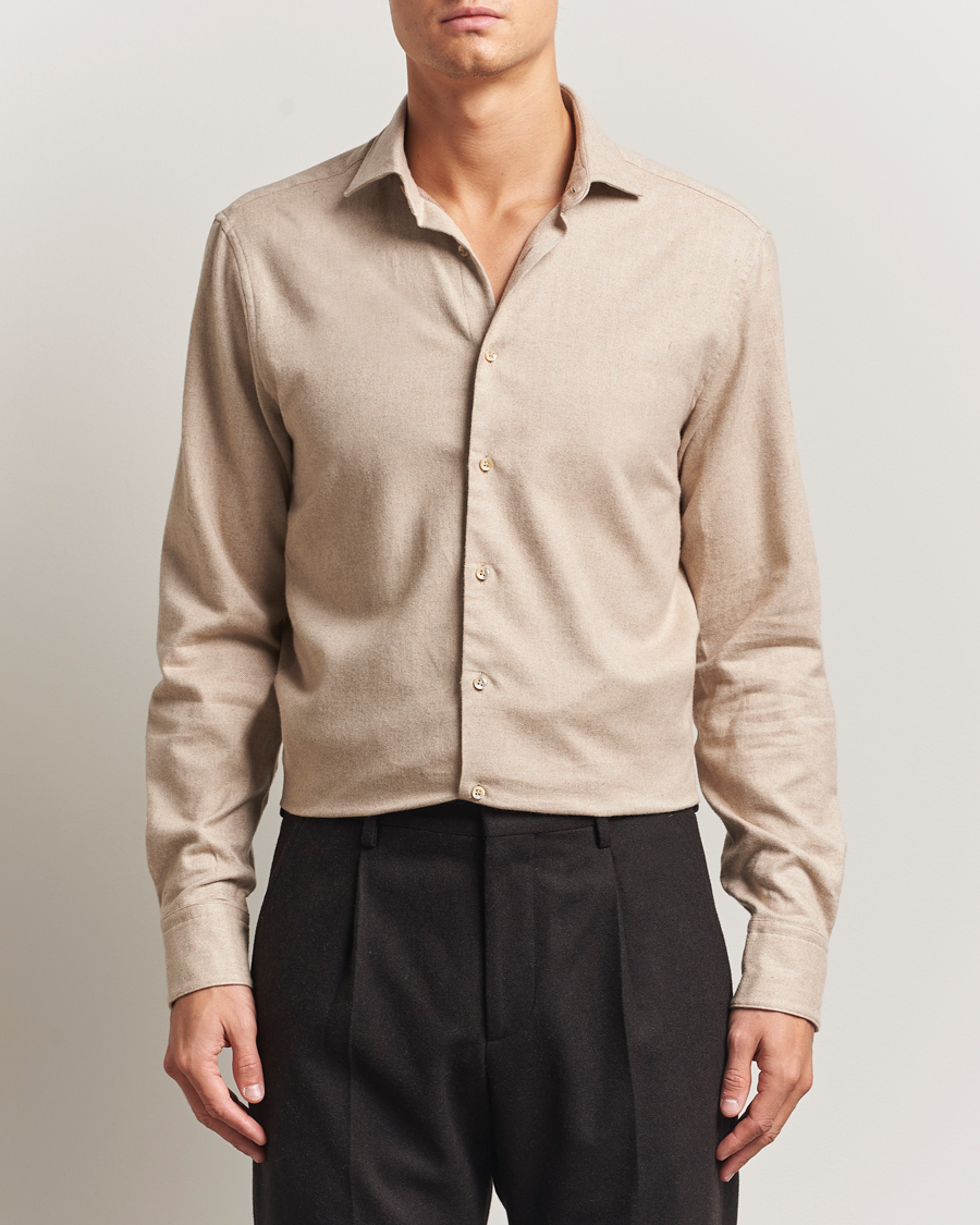 Hombres | Camisas | Stenströms | Regular Fit Cut Away Flannel Shirt Beige