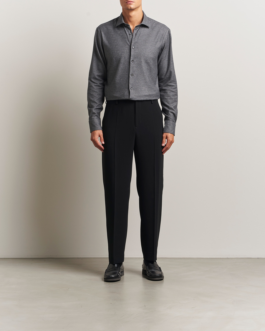 Hombres | Camisas | Stenströms | Regular Fit Cut Away Flannel Shirt Grey