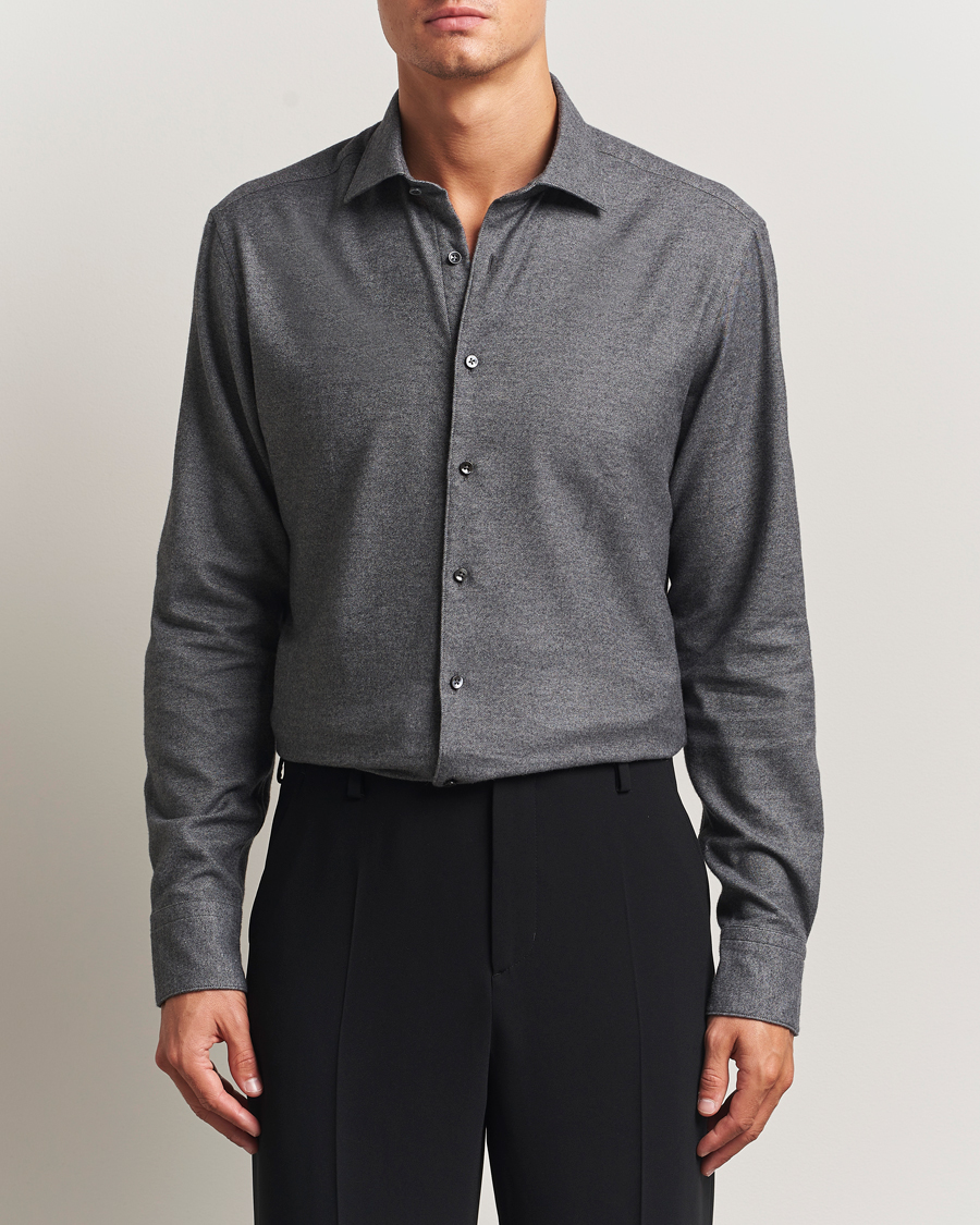Hombres | Camisas | Stenströms | Regular Fit Cut Away Flannel Shirt Grey