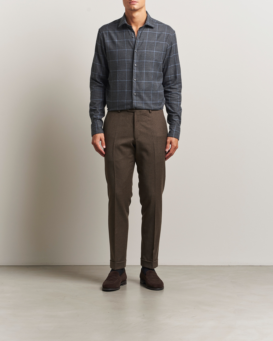 Hombres | Camisas | Stenströms | Regular Fit Overcheck Flannel Shirt Dark Grey