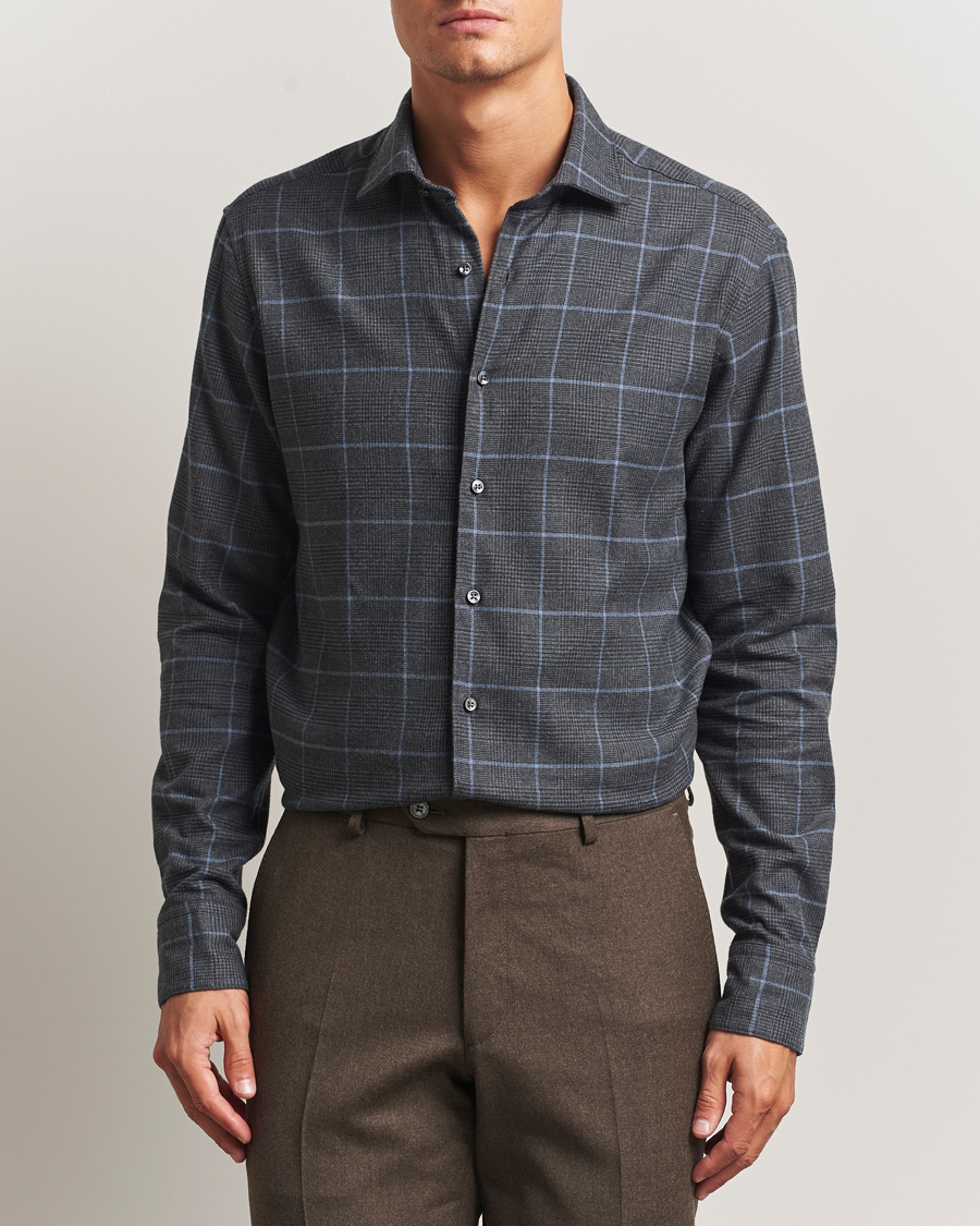 Hombres | Camisas | Stenströms | Regular Fit Overcheck Flannel Shirt Dark Grey