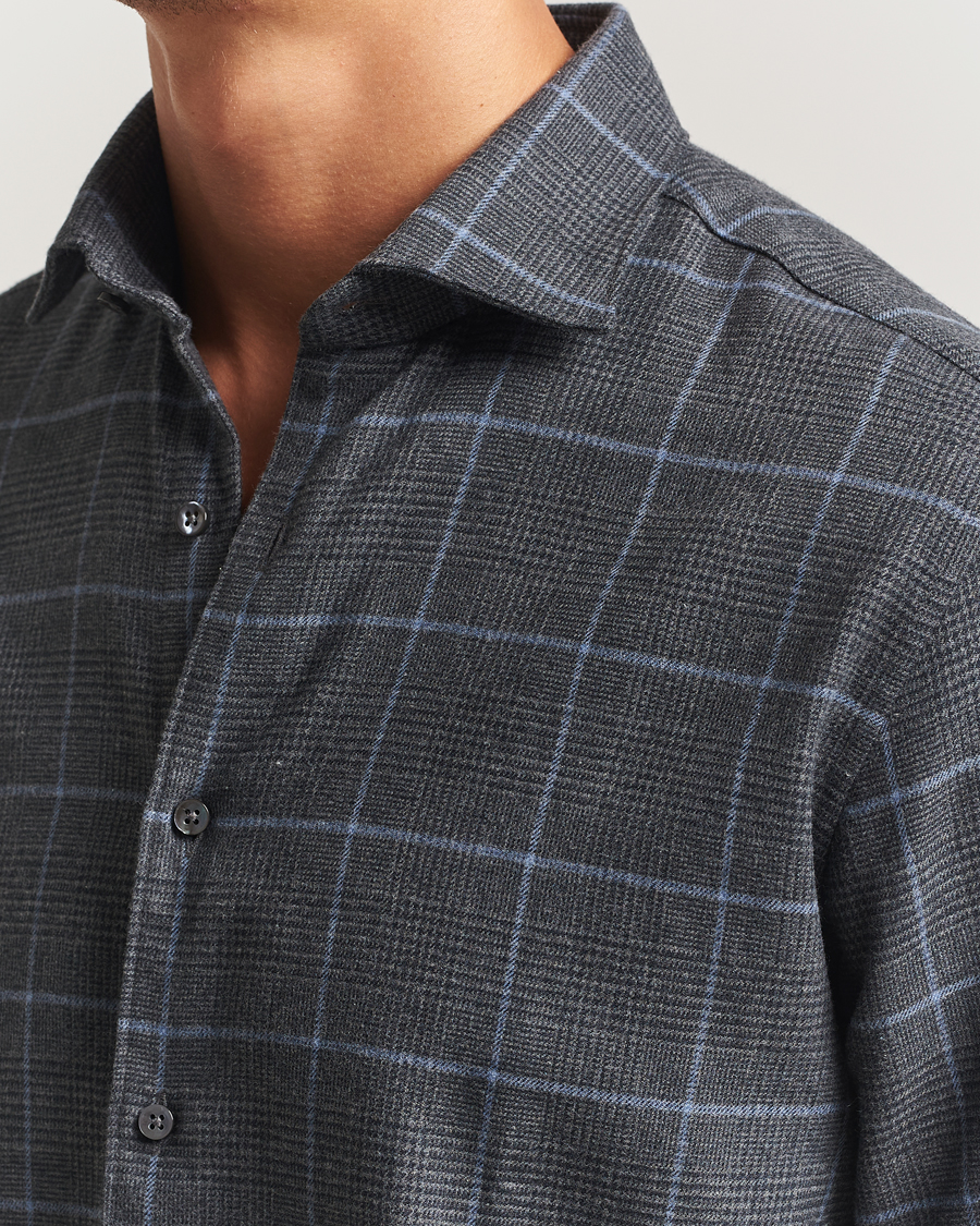 Hombres | Camisas | Stenströms | Regular Fit Overcheck Flannel Shirt Dark Grey