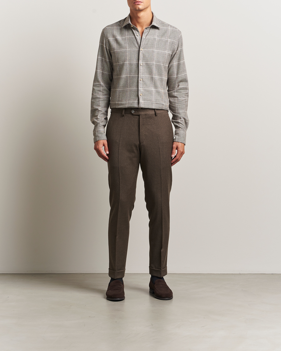 Hombres | Camisas | Stenströms | Regular Fit Glencheck Flannel Shirt Brown