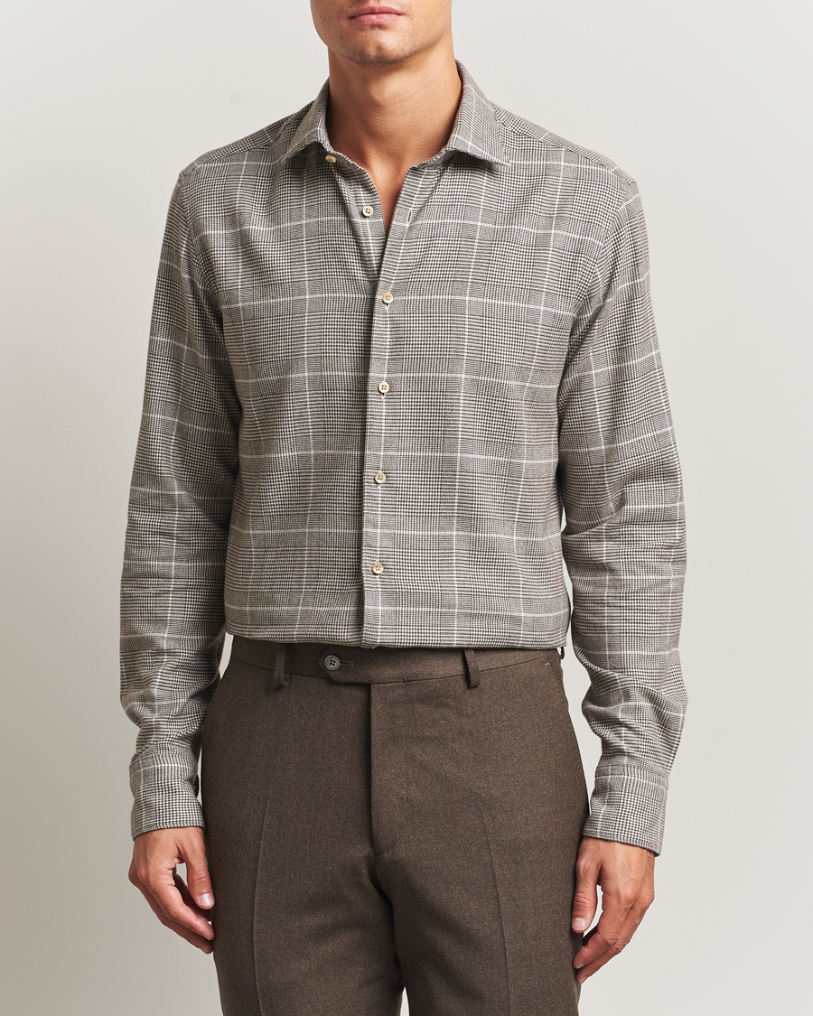 Hombres | Camisas | Stenströms | Regular Fit Glencheck Flannel Shirt Brown