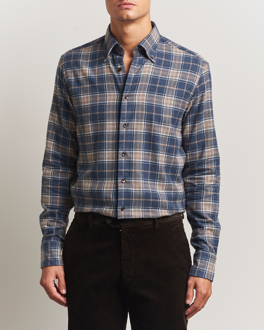 Hombres | Camisas | Stenströms | Regular Fit Multi Check Flannel Shirt Blue/Brown