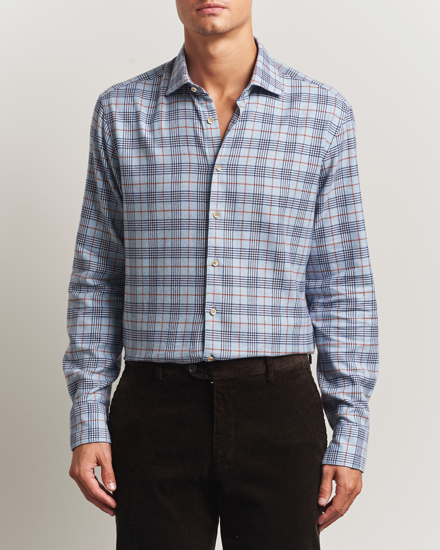 Hombres | Camisas | Stenströms | Regular Fit Cut Away Check Flannel Shirt Blue