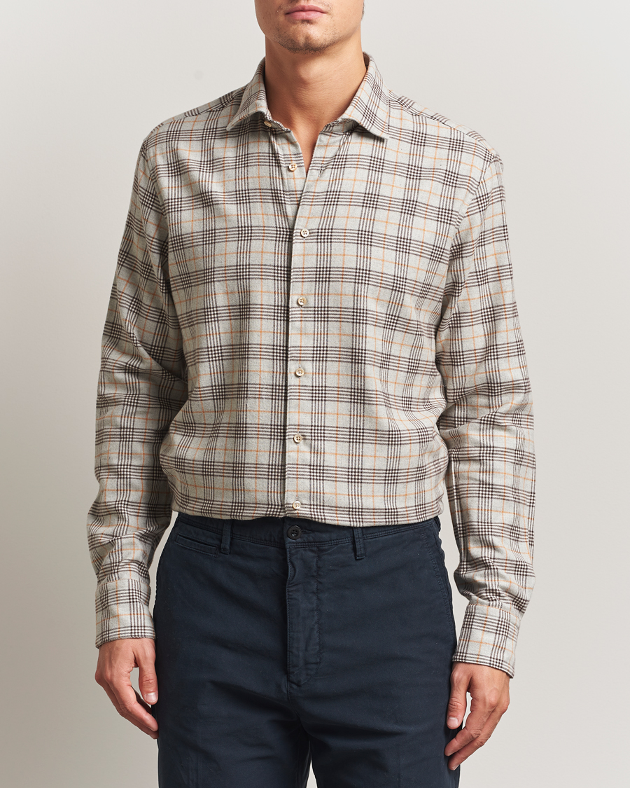 Hombres | Camisas | Stenströms | Regular Fit Cut Away Check Flannel Shirt Beige