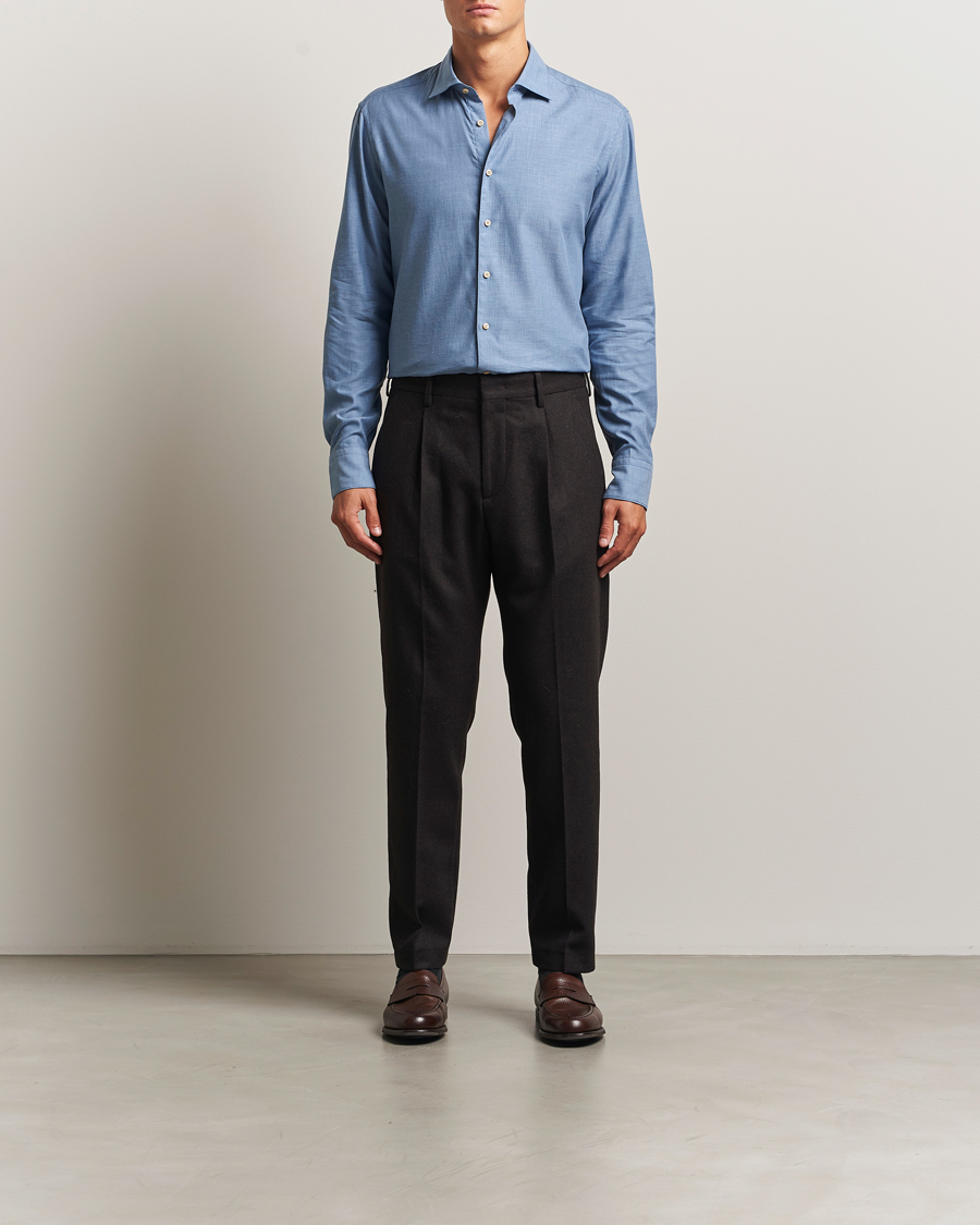 Hombres | Camisas | Stenströms | Regular Fit Brushed Mini Herringbone Shirt Blue