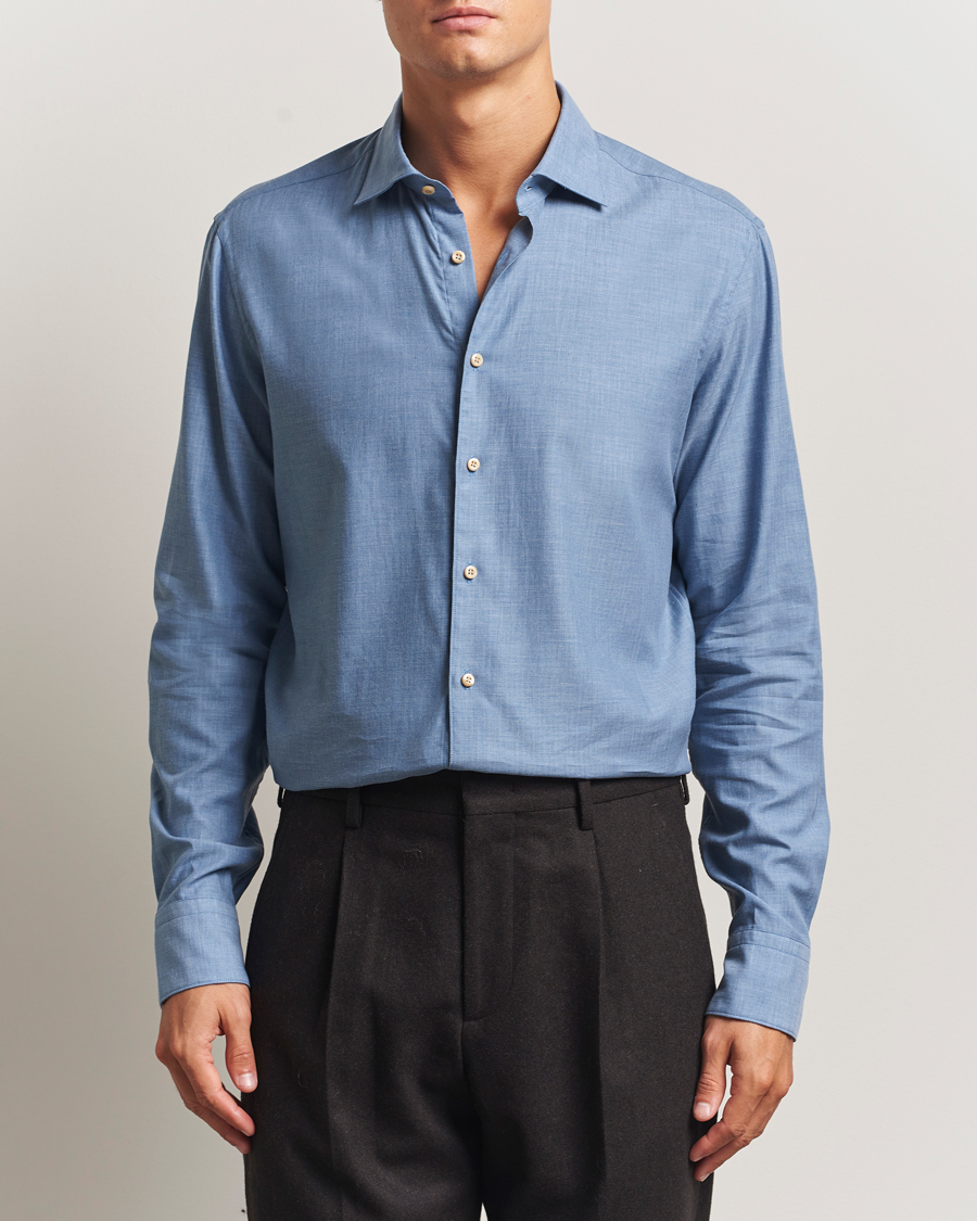 Hombres | Camisas | Stenströms | Regular Fit Brushed Mini Herringbone Shirt Blue