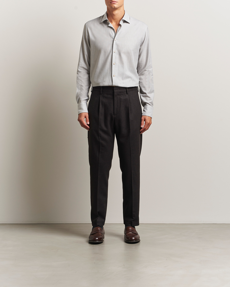 Hombres | Camisas | Stenströms | Regular Fit Brushed Mini Herringbone Shirt Grey