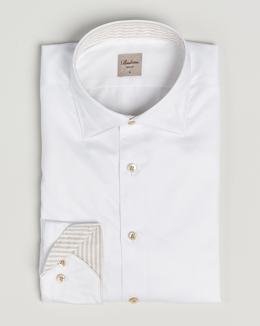 Hombres | Camisas | Stenströms | Regular Fit Cotton Twill Contrast Shirt White