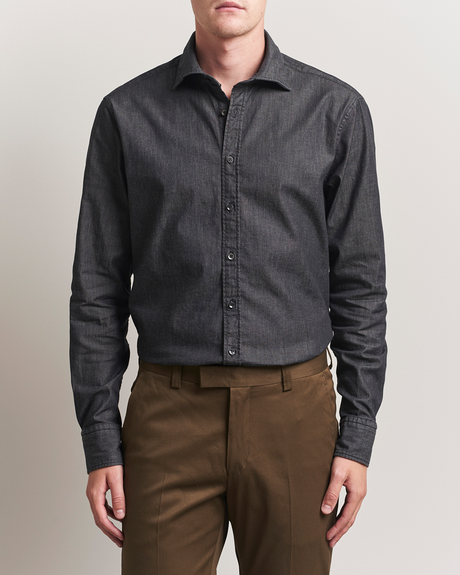Hombres | Camisas | Stenströms | Regular Fit Garment Washed Denim Shirt Black
