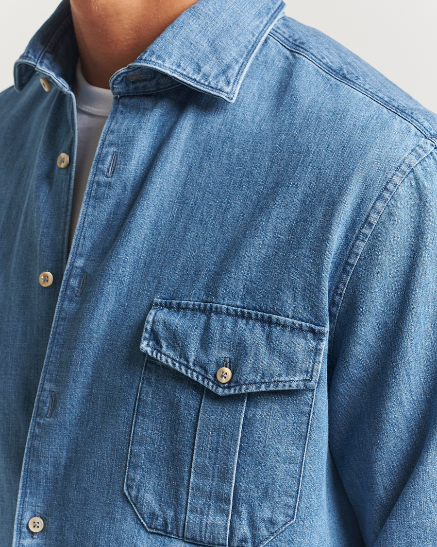 Hombres | Camisas | Stenströms | Regular Fit Pocket Denim Shirt Blue
