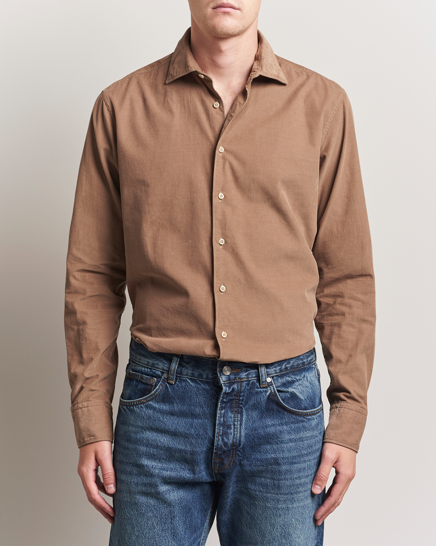 Hombres | Camisas | Stenströms | Regular Fit Cut Away Cord Shirt Brown