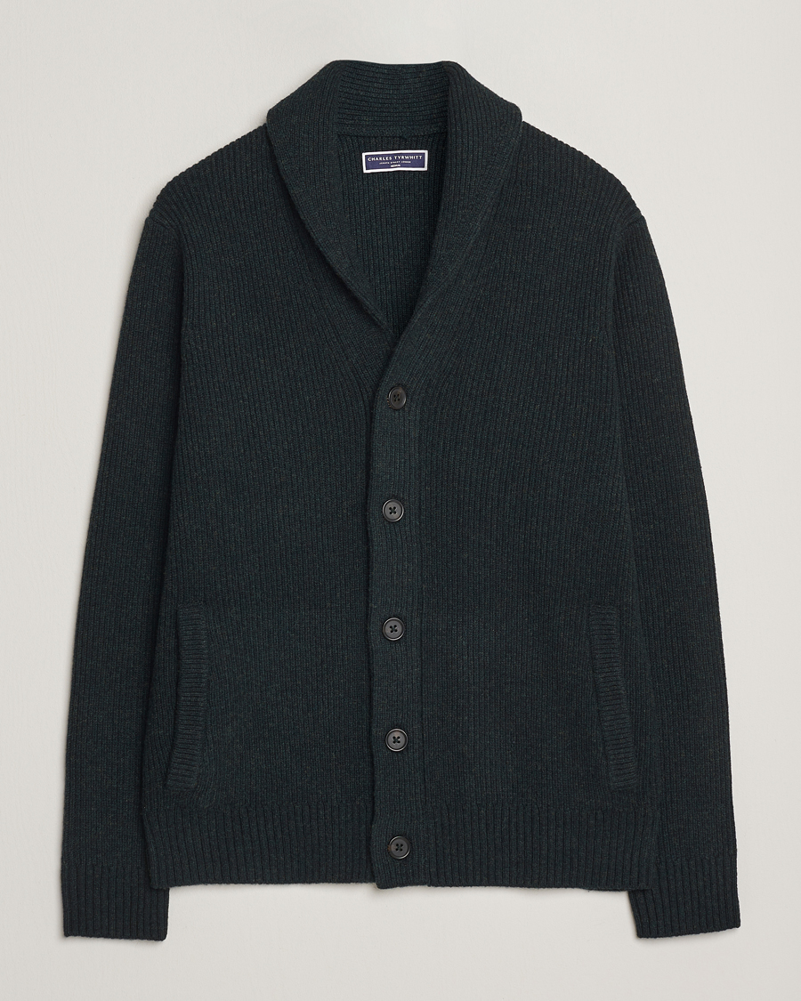 Hombres | Jerséis y prendas de punto | Charles Tyrwhitt | Chunky Merino Shawl Neck Cardigan Forest Green