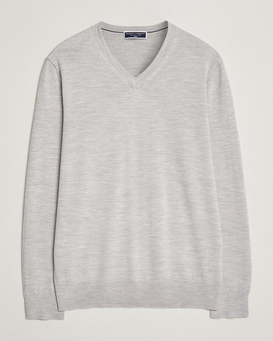Hombres | Jerséis y prendas de punto | Charles Tyrwhitt | Pure Merino V-Neck Jumper Silver Grey