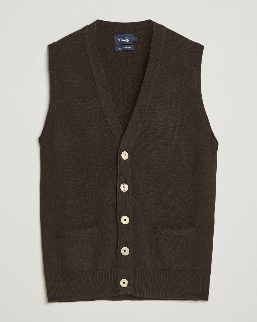 Hombres | Jerséis y prendas de punto | Drake's | Lambswool Vest Cardigan Dark Brown