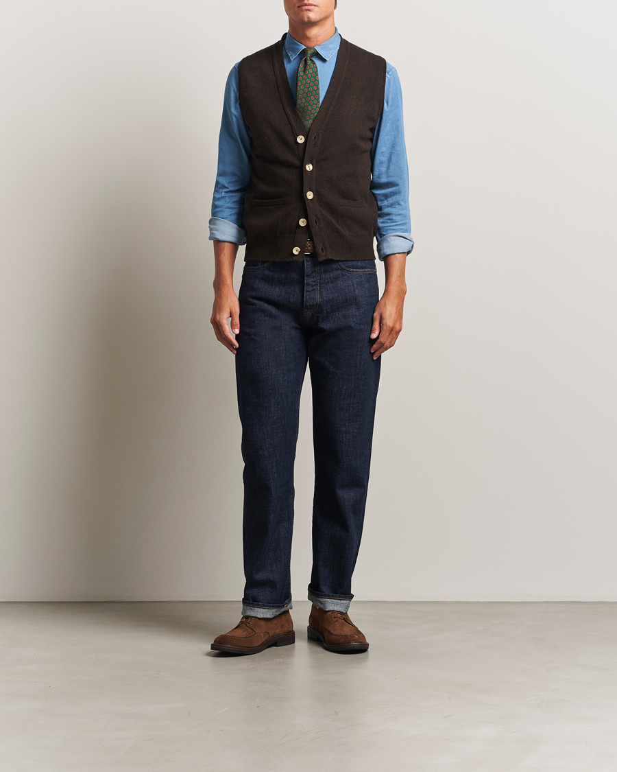 Hombres | Jerséis y prendas de punto | Drake's | Lambswool Vest Cardigan Dark Brown