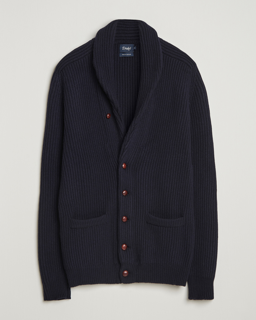 Hombres | Jerséis y prendas de punto | Drake's | Lambswool Shawl Collar Rib Cardigan Navy