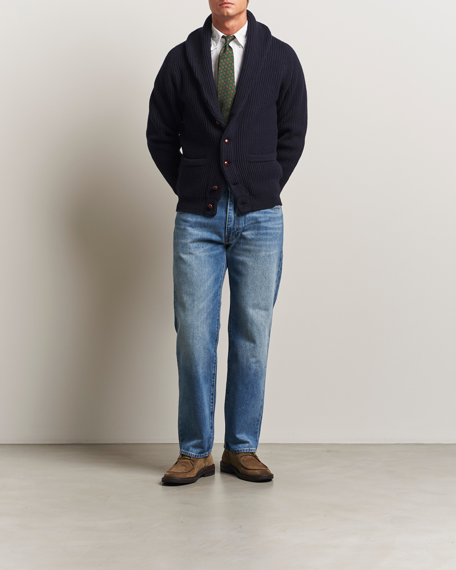 Hombres | Jerséis y prendas de punto | Drake's | Lambswool Shawl Collar Rib Cardigan Navy
