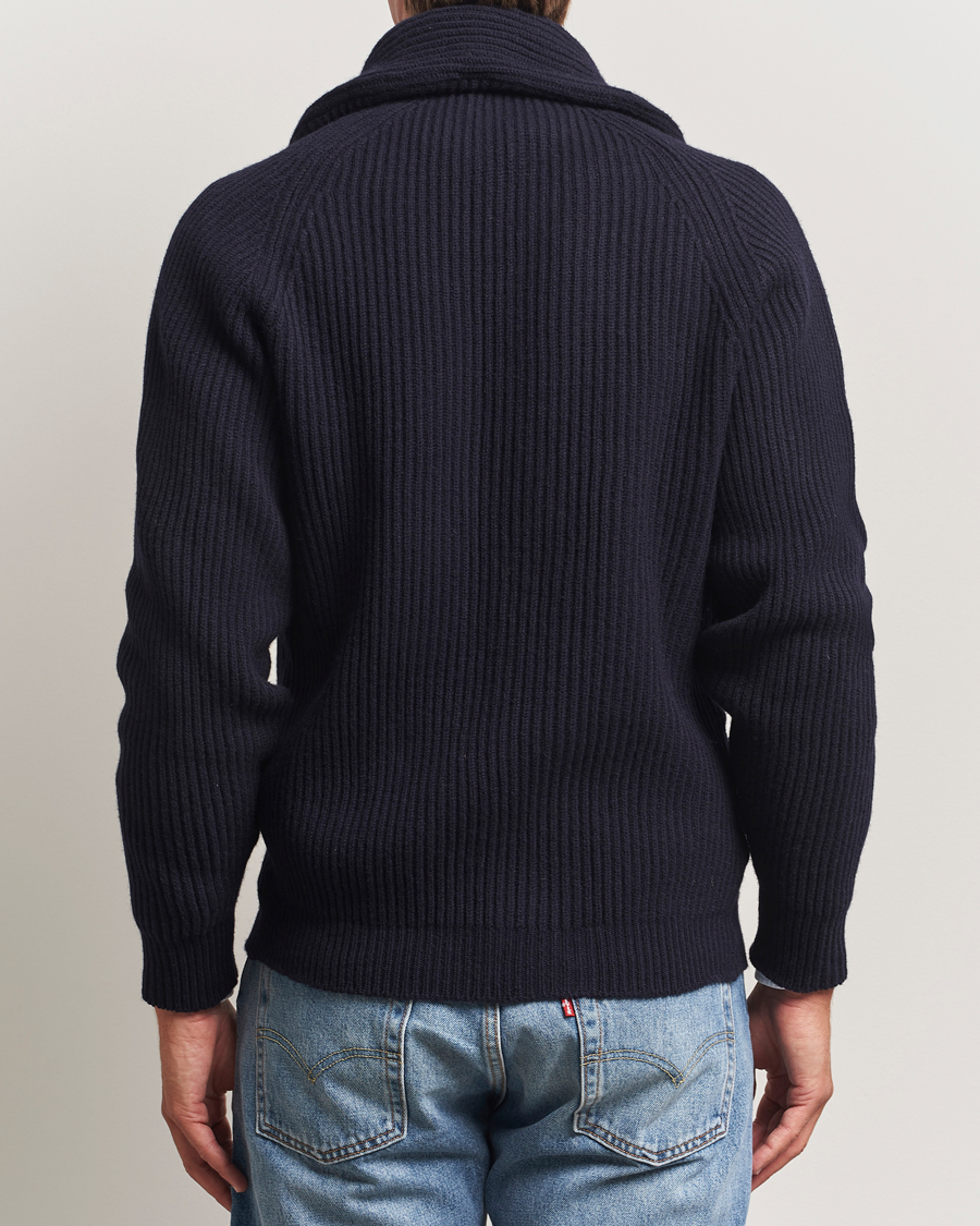 Hombres | Jerséis y prendas de punto | Drake's | Lambswool Shawl Collar Rib Cardigan Navy
