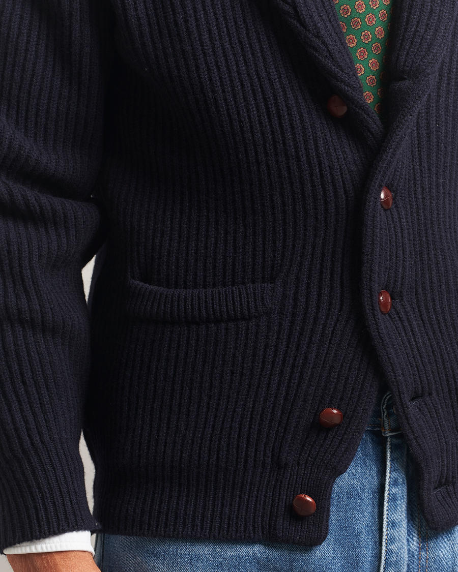 Hombres | Jerséis y prendas de punto | Drake's | Lambswool Shawl Collar Rib Cardigan Navy