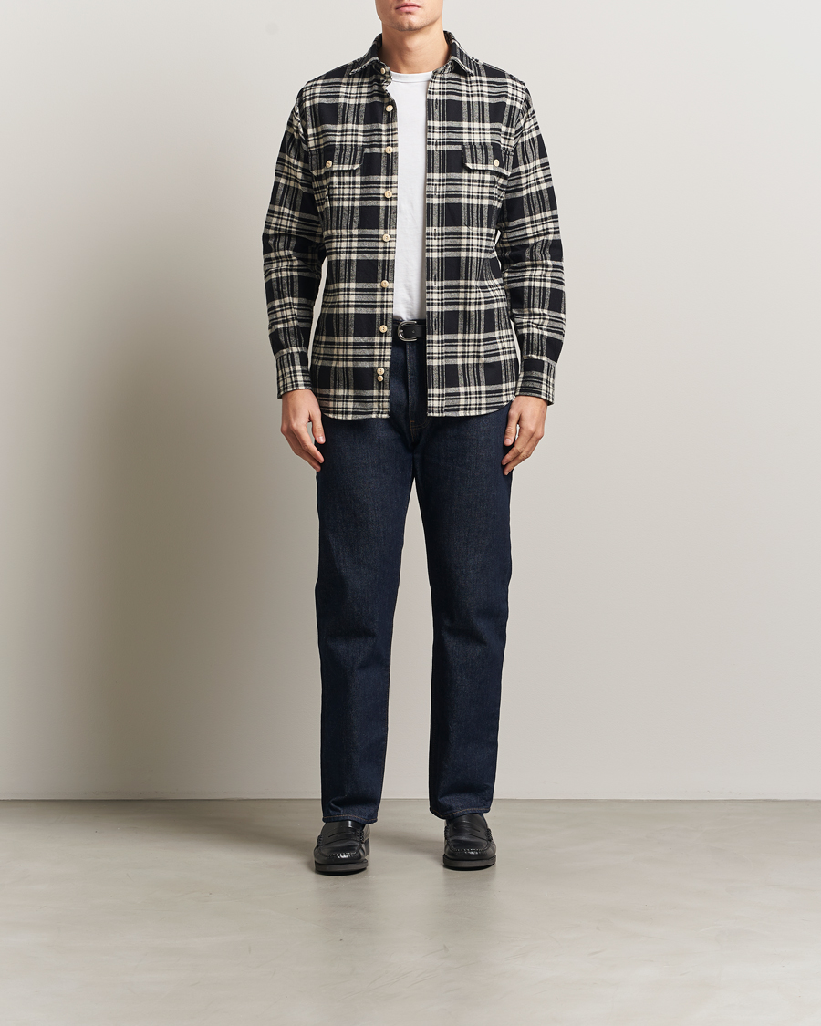 Hombres | Camisas | Drake's | Check Heavy Cotton Work Shirt Navy/White