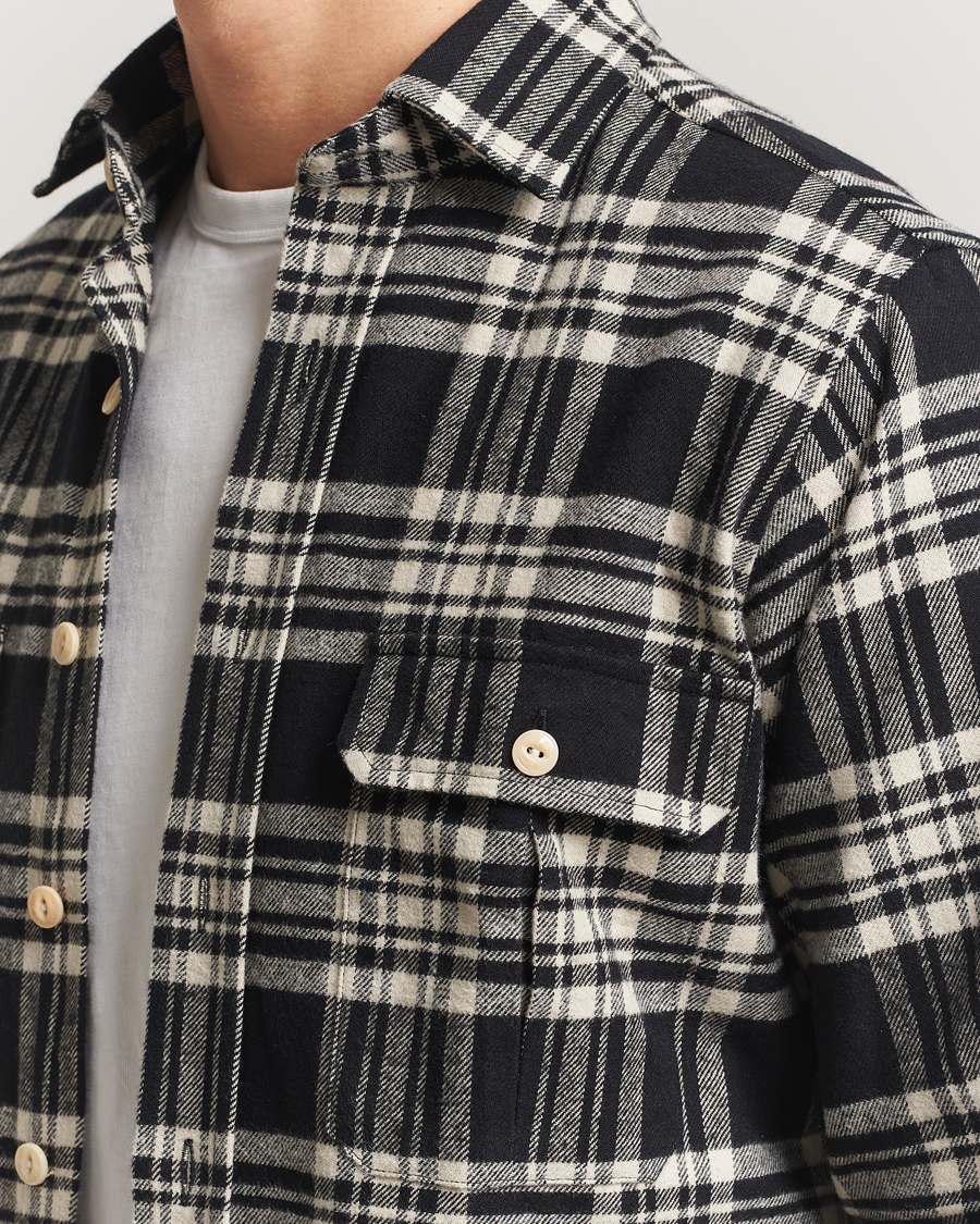 Hombres | Camisas | Drake's | Check Heavy Cotton Work Shirt Navy/White