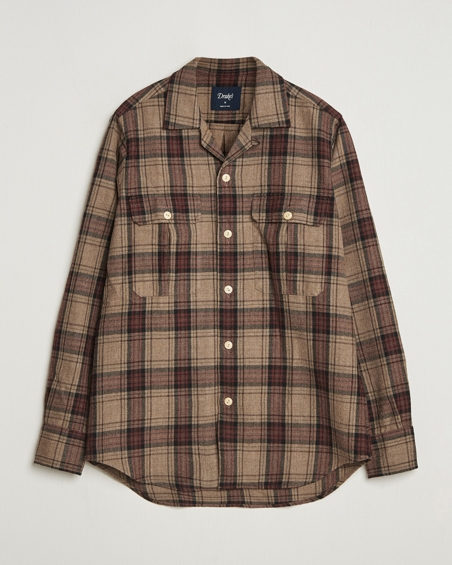 Hombres | Camisas | Drake's | Wool Camp Collar Work Shirt Brown