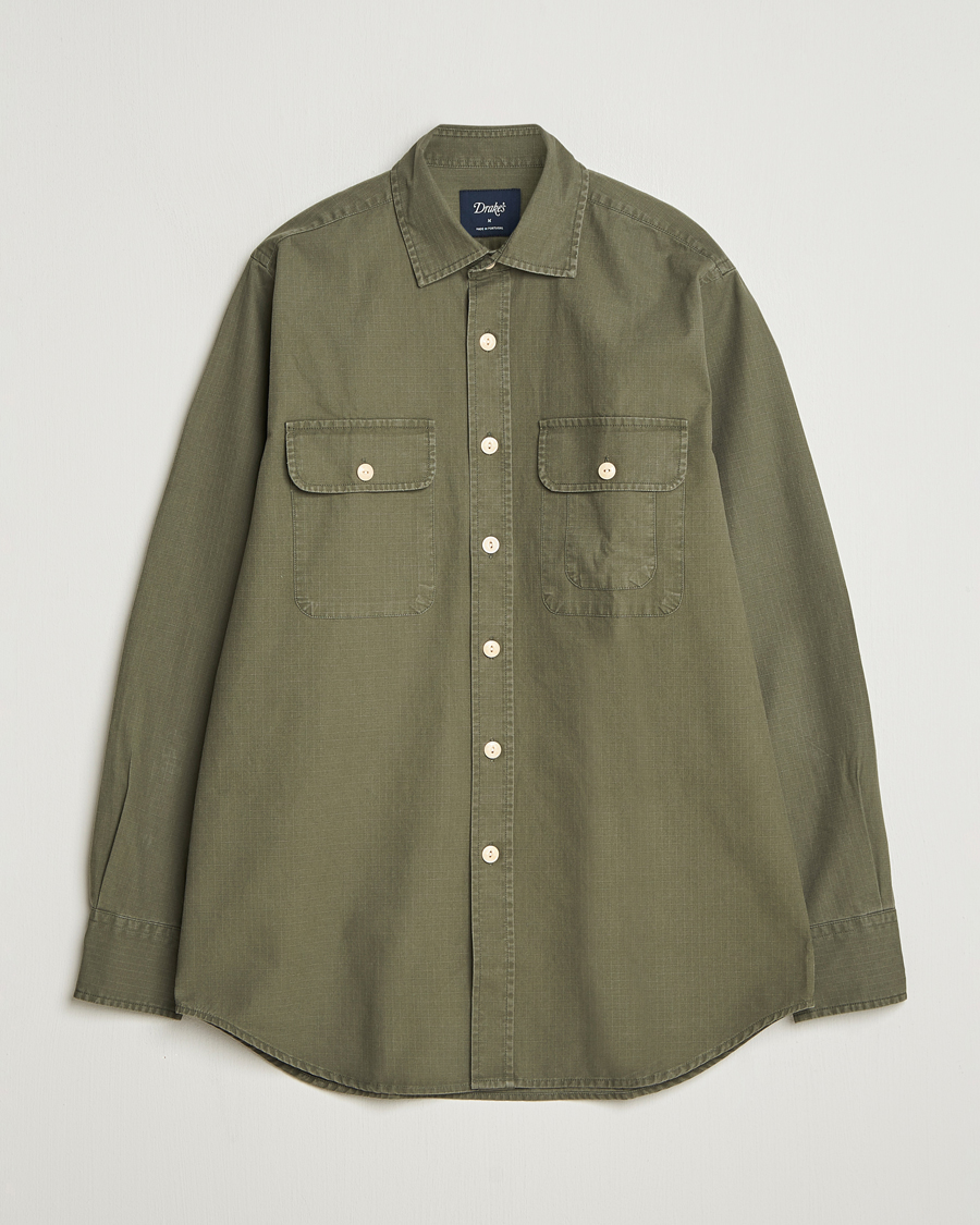 Hombres | Camisas | Drake's | Ripstop Work Shirt Green