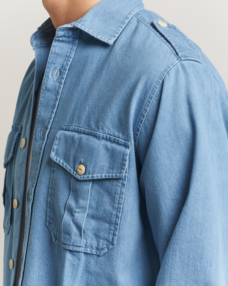 Hombres | Camisas | Drake's | Denim Epaulette Shirt Blue