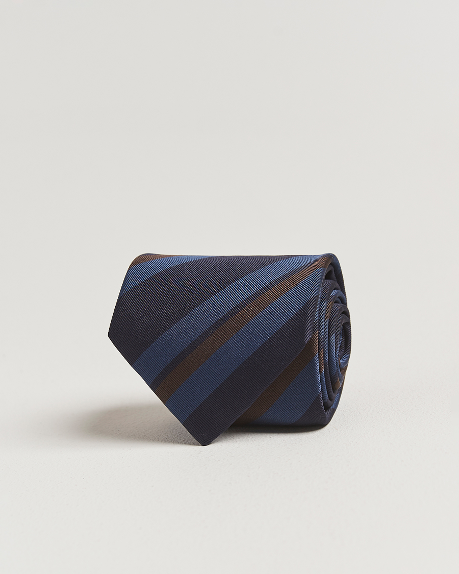 Hombres | Drake's Stripe Mogador Silk/Cotton Tie Navy/Brown | Drake's | Stripe Mogador Silk/Cotton Tie Navy/Brown